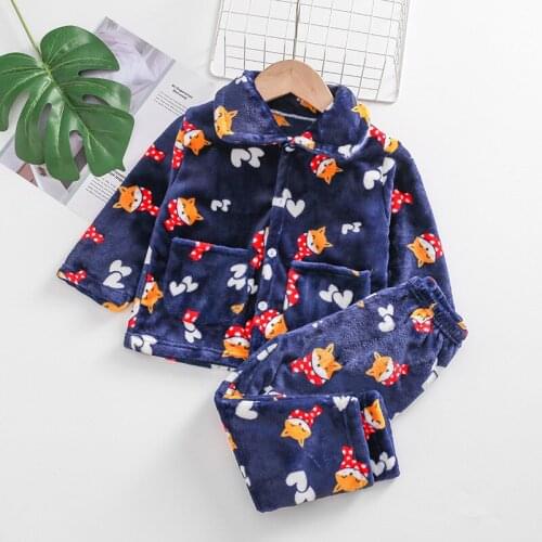 Boys Girl Clothes Pajamas Set Flannel Fleece 2-7Y Collar Pajamas Warm Kids Sleepwear Home Suit Winter Spring Fall