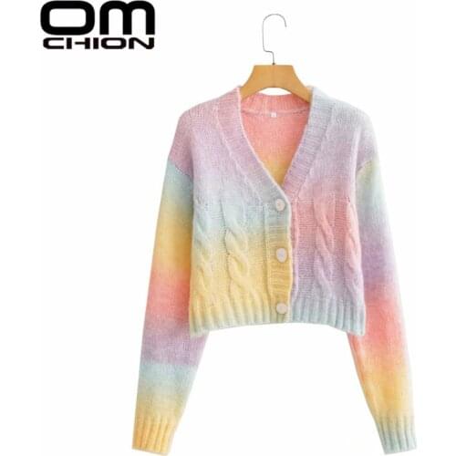 OMCHION Rainbow Dyed Sweater Women Casual Loose V-Neck Long Sleeve Short Cardigan 2021 Autumn Korean Chic Knitted Top Femme BE69