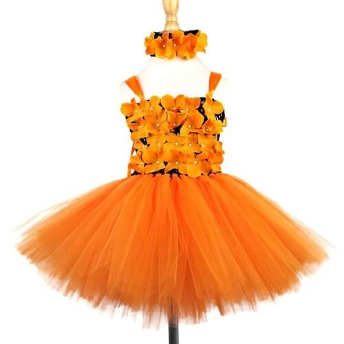 Girls Orange Petals Fairy Tutu Dress Kids Crochet Tulle Dress with Hairbow Set Children Halloween Birthday Party Costume Dresses