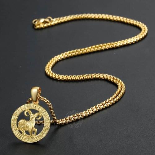 Yellow Gold Aries Zodiac Sign Necklace For Women Men Pendant Necklace Male Woman Fashion Party Jewelry Gifts GP357