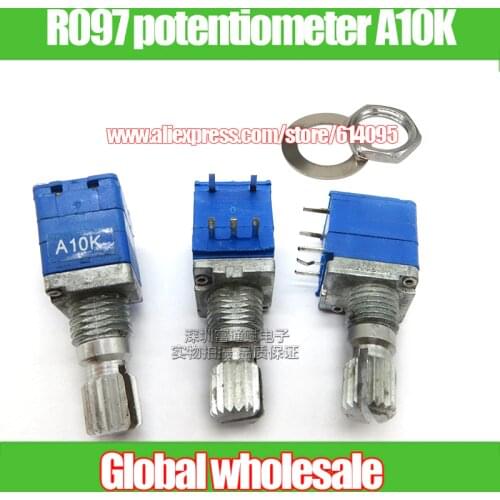 10pcs precision R097 with switch potentiometer A10K / 5 feet single A10K 15mm knurled shaft potentiometer