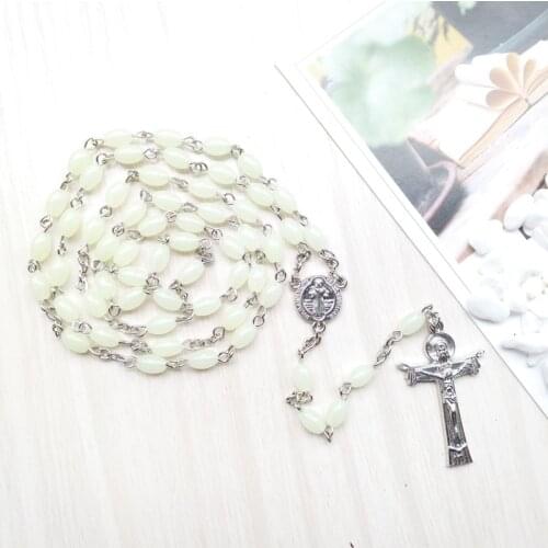 QIGO Religious Jewelry Cross Pendant Acrylic Luminous Rosary Necklace