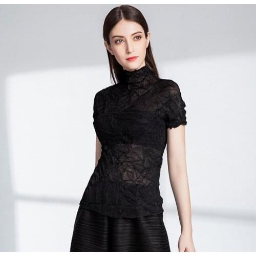 Sanzhai fold life design womens clothing 2021 Summer Black Sexy perspective versatile T-Shirt Top short sleeve