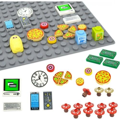 Compatible City Accessories Printed Tile Building Blocks Phone Clock Pizza Cash Mushroom Parts MOC Brick Children Toys Friends