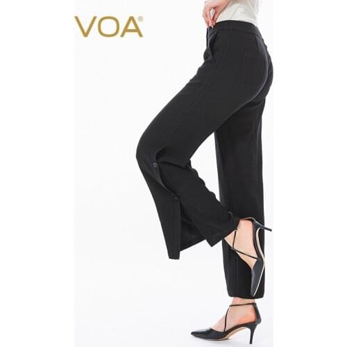 VOA 60m/m Silk Black Natural Waist One Button Slanting Bag Foot Slit Long All-match Straight-Leg Pants KE99 Streetwear Women
