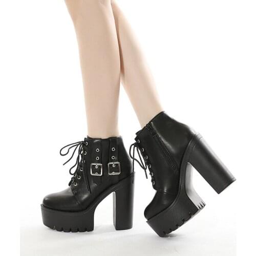 New Sexy Chain Women Leather Autumn Boots Block Heel Gothic Black Punk Style Platform Shoes Female Footwear High Qualitygu8