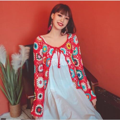 Boho Floral Crochet Knitted Cardigan Womens Full Sleeve Colorful Thin Jacket Cardigan Bohemian Beach Embroidery Outwear