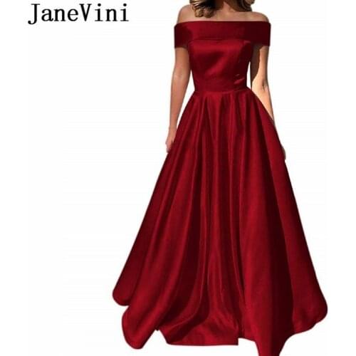 JaneVini Off Shoulder Evening Dresses With Pockets Ladies Satin Gown Burgundy Long A Line Prom Formal Party Dress vestito lungo