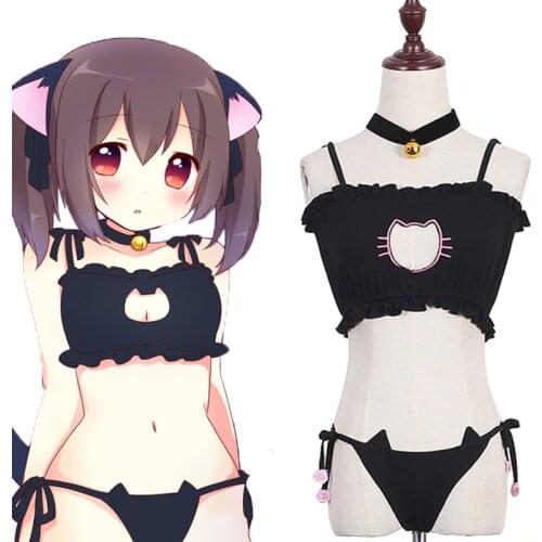Sexy Kawaii Neko Cat Hollow Keyhole Bra Cute Cat Paw Print Underpant Underwear Love Live Cosplay Women Erotic Lingerie Set