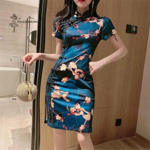Chinese Traditions Style Retro Slim Cheongsam Women Chinese Traditional Floral Print Qipao Club Sexy Bodycon Party Wedding Dress