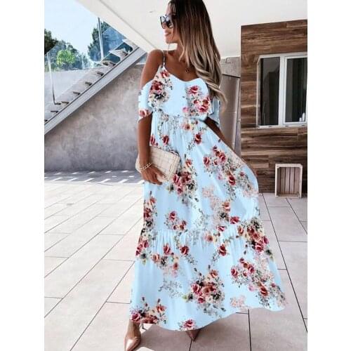 Fashion Summer Retro Floral Print Off Shoulder Maxi Beach Robe 2021 Boho Dress Women Spring V Neck Ruffle Slit Party Dresses
