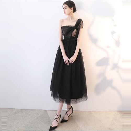 Beauty Emily Prom Gowns Black O-shoulder Big Bow A-line Tulle Ankle length Custom Plus size 2019 Party Prom Dresses