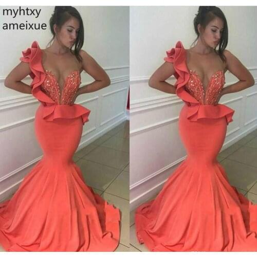 Sexy Coral Color Evening Dresses 2020 One Shoulder Sleeveless Formal Women Wear Party Gowns Plus Size Custom Made Robe De Soiree