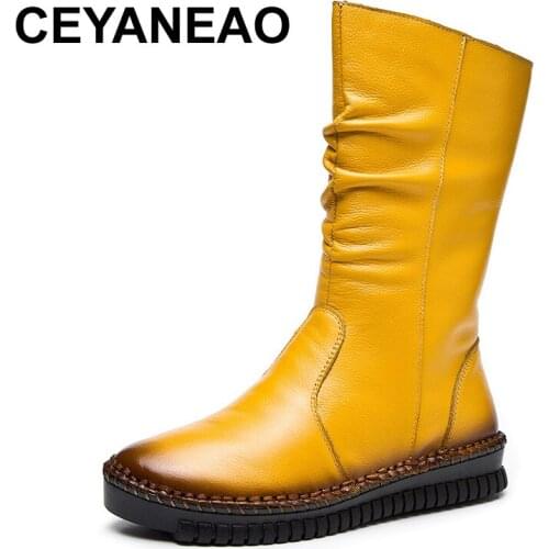 CEYANEAO New Fashion Women Genuine Leather Boots Winter Martin Boots Women Handmade Cow Leather Shoes Woman Botines Mujer