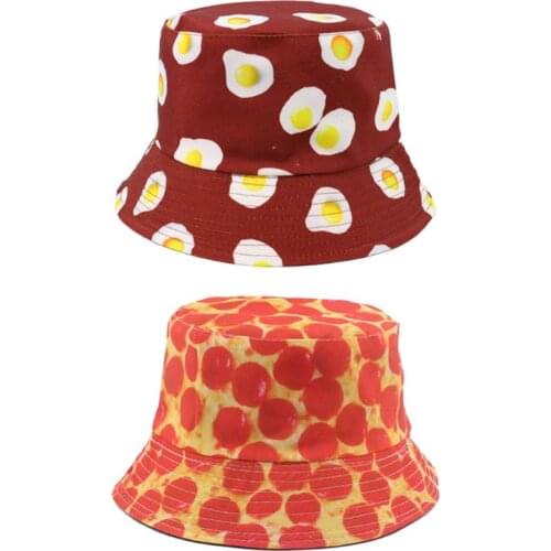 Unisex Summer Packable Cotton Bucket Cap Creative Fried Egg Yolk Printed Reversible Double Sided Hip Hop Fisherman Hat