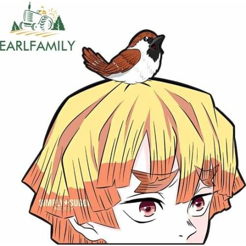 EARLFAMILY 13cm x 12.5cm for Demon Slayer Zenitsu Peeker Motorcycle Car Stickers Anime Funny Decal Camper Car Assessoires Decals
