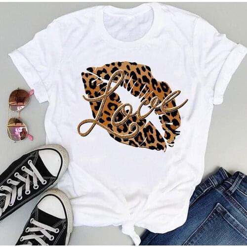 Women Fashion Print Graphic Leopard Lip Sexy Trend New Cute Summer Short Sleeve Female Clothes Tops Tees Tshirt T-Shirt