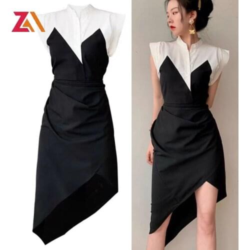 Gothic Harajuku summer ladies dress casual short sleeve black white irregular slim bodycon midi dresses for women 2021 vestidos