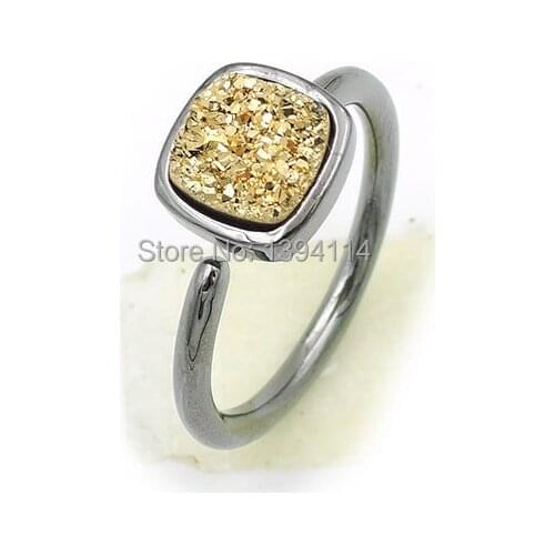 8mm Titanium Gold/AB/Black Square Agat e Druse Glued Ring Adjustable Approx 20mm