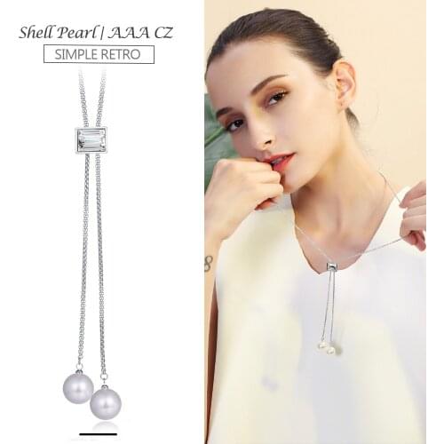 Hongye New Pearl Necklace Silver Color Metal Adjustable Collares Women Jewelry CZ Pendants Long Neck Chains For Party