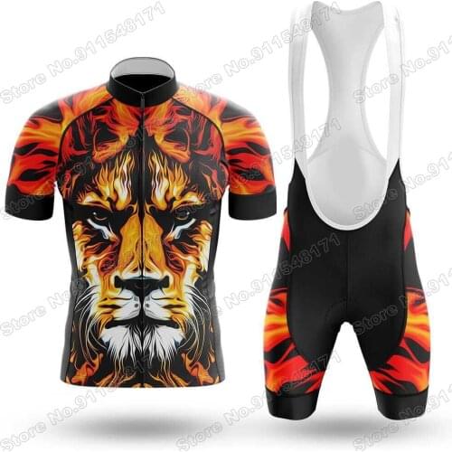 Mens 2021 Fire Lion Cycling Jersey Set Cycling Clothing Race Suit Bicycle Bib Short MTB Ropa Ciclismo Maillot