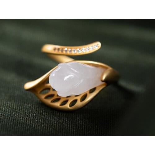 Original Design S925 Sterling Silver Hetian Jade Ring Personality Retro and Hipster Style Open Ring for Women Silver Ring