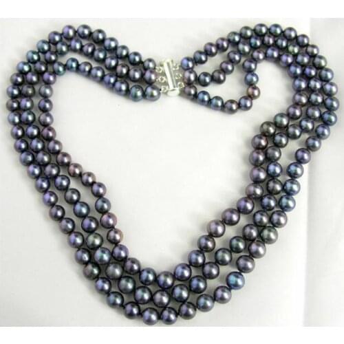3 rows 7-8mm black colors pearl choker necklace natural Freshwater PEARL Women Jewelry 35cm 43cm 15'' 17