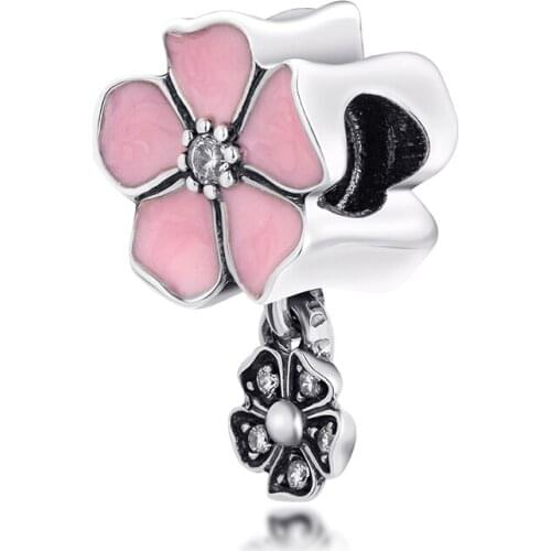 Fit for Pandora Bracelets Poetic Blooms Beads with Soft Pink Enamel and Clear Cubic Zirconia 925 Sterling Silver Charms Jewelry