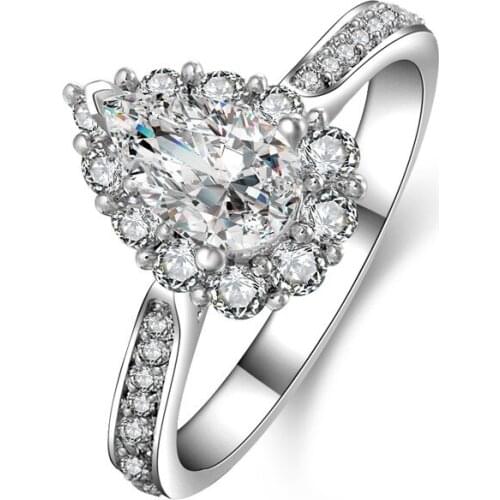 Luxury 100% 925 Sterling Silver Created Water Drop Wedding Rings For Women Pass Diamond Test Sparkling Party Fine Jewelry Gift