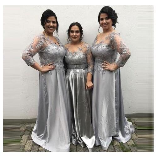 Silver Bridesmaid Dresses Appliques Beaded Sheer Long Sleeves V-neck Blush A-line Bridal Guest Gowns gaun pesta dewasa 2020