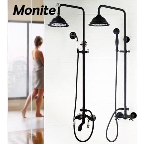 Monite Bathroom Black Shower Set Faucet Wall Mounted 3-functions Mixer Valve 8" Lotus head Rainfall Shower Mixer Tap Faucet
