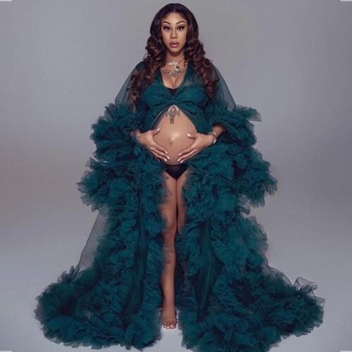 Dark Green Maternity Dresses A Line Tulle Ruffled Prom Maternity Gown for Photoshoot Boudoir Lingerie Tulle Bathrobe Nightwear