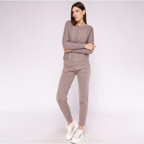 Aautumn Winter Women Sweaters Knitting suits 2 Pieces Sets Knitted Beading top and pants Woman Pullovers tracksuit