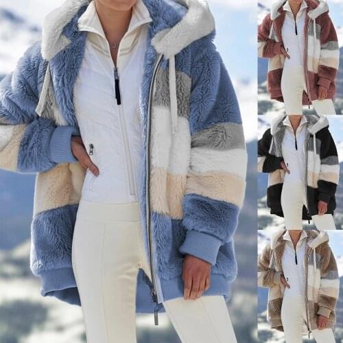 2021 Oversized Winter Women Jacket Fashion Plush Lady Patchwork Zipper Pocket Hooded Jacket Retro Loose Long Sleeve Womens Coat