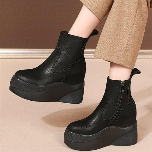 2020 Chic Shoes Women Genuine Leather Wedges High Heel Motorcycle Boots Female Round Toe Fashion Sneakers High Top Ankle Boots