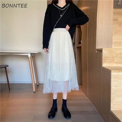 Women Skirts Solid Beading Elastic Waist Mesh Elegant Princess Koeran Style Sweet Girls Soft Loose Ins Female Summer Holiday New