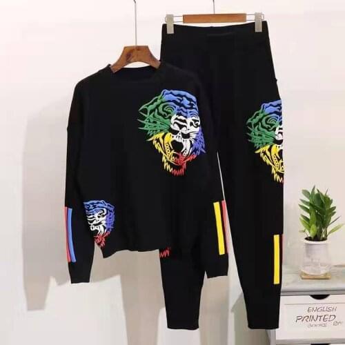 2 Piece set Women Tiger Print Knitted Sweaters+Trousers Casual Loose 2pcs Suits Knit Tracksuits Women Two Piece Set Tracksuits