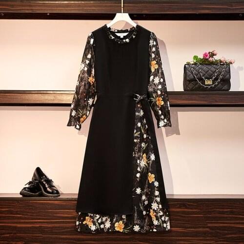 M-4XL plus size elegant vintage autumn winter women dresses 2021 long Sleeve chiffon Patchwork flower print long dress mujer