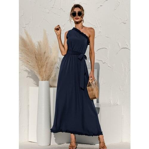 2021 Summer Womens Dress New Fashion Sexy Oblique Shoulder Solid Color Black Ruffled High Waist Tie Dress A-line Women