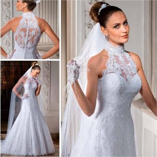 2019 New Fashion Wedding Gown High Collar Lace Trumpet Mermaid Ivory White Wedding Dresses Lace Bridal Gwon
