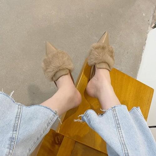 2020 Plush Slippers Women Autumn Korean Fashion Pointed Flat Bottom Baotou Half Slippers Women Muller Shoes