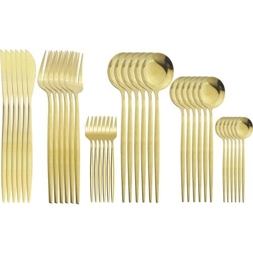 36Pcs Mirror Gold Tableware Sets Knife Cake Forks Coffee Tea Spoons Cutlery Set Stainless Steel Flatware Set Dinnerware Kitchen