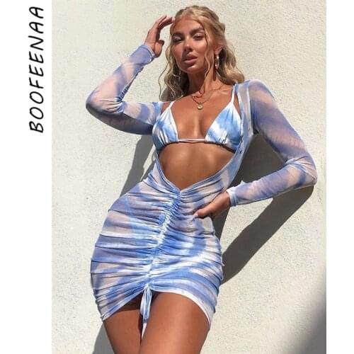 BOOFEENAA Blue Printed Sheer Mesh Long Sleeve Mini Dress Sexy Club Dresses for Women Bodycon Dress Sexy Beach Outfits C15-CH16