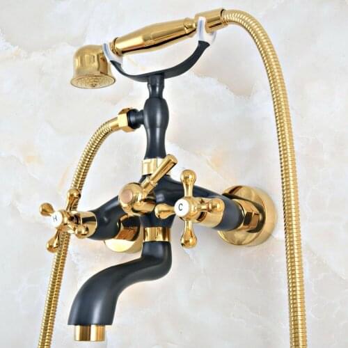 Black Gold Color Brass Wall Mount Bathroom Tub Faucet Dual Cross Handles Telephone Style Hand Shower Clawfoot Tub Filler ana408