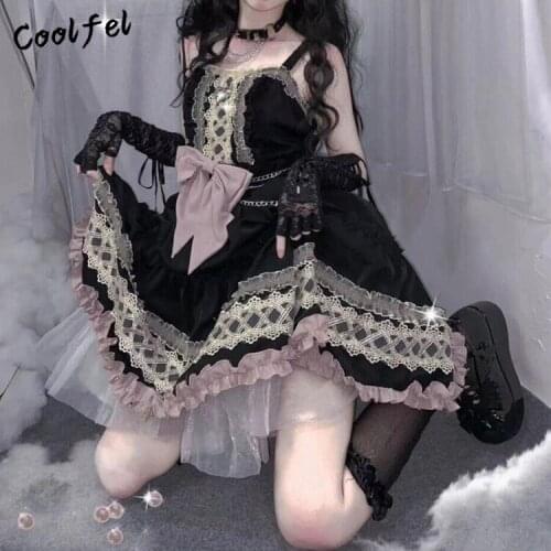 COOLFEL 2021 New Japanese Lolita Gothic Bandage Dress Girl Vintage Kawaii Princess Party Dress Sleeveless Lolita Dress