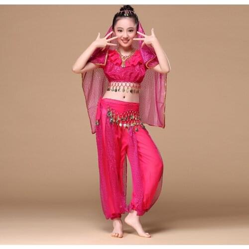 Childrens belly dance costumes new Indian dance suit childrens costumes 4-piece Costume Set (Top, Belt, Pants and Head Pieces)