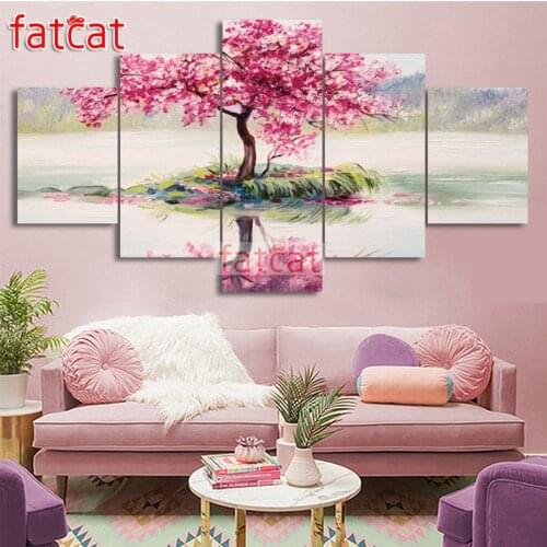 FATCAT Cherry Blossoms Tree 5 Piece Diy Diamond Painting Full Square Round Drill Mosaic Embroidery Sale Home Decoration AE2569