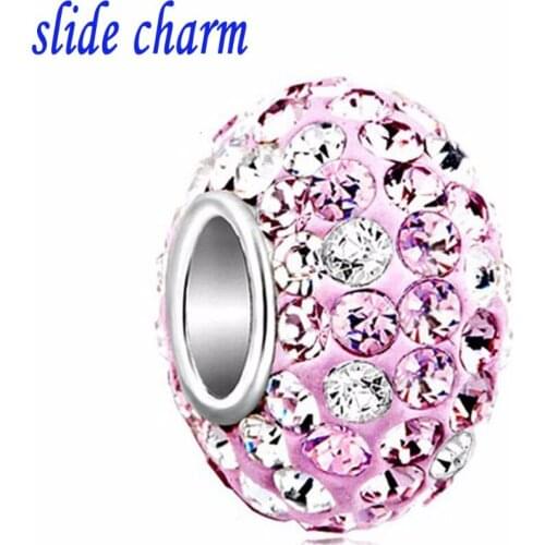 Slide charm Free shipping Valentine amulet pink clay mixed with white and pink dot crystal charm beads fit Pandora bracelet