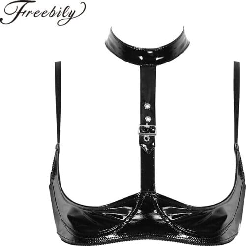 Hot Sexy Women Wet Look Patent Leather Lingerie Halter Adjustable Spaghetti Straps Open Half Cups Wire-free Erotic Bra