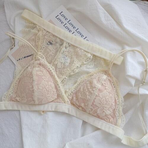 Triangle cup thin underwear sexy lace no steel ring small chest bra set with panties adjustable and non removable lingerie